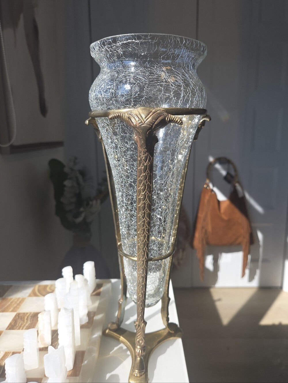 Vintage Hollywood Regency Brass Ram Head Crackle Glass Vase